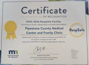 Pipestone County Medical Center Recognized as Gold-Tier RespSafe Facility by Minnesota Department of Health